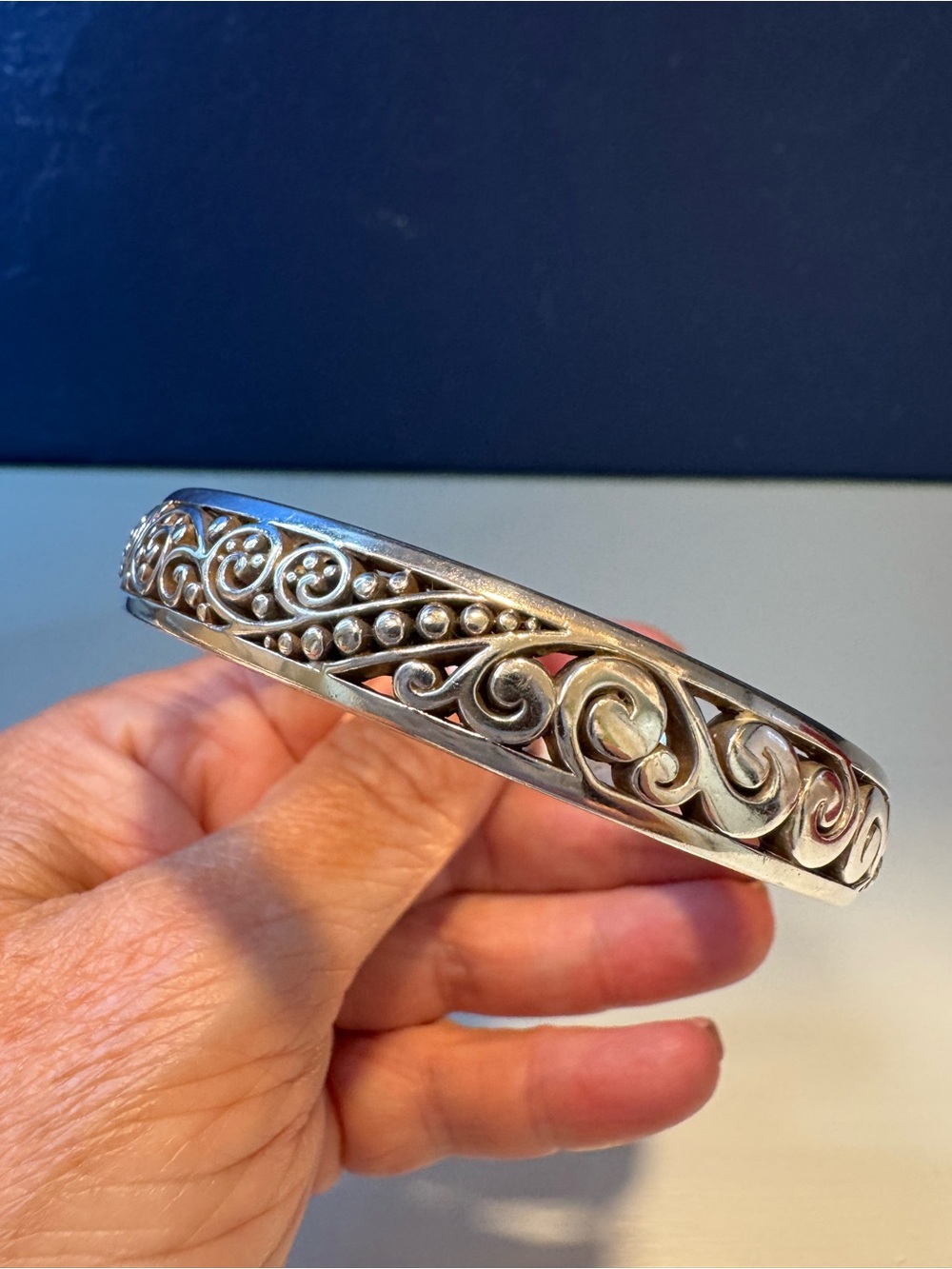 Brighton Retired Silver Tone Openwork Scroll Bangle Bracelet
